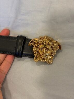 Versace Black Leather Belt with Gold Medusa Buckle